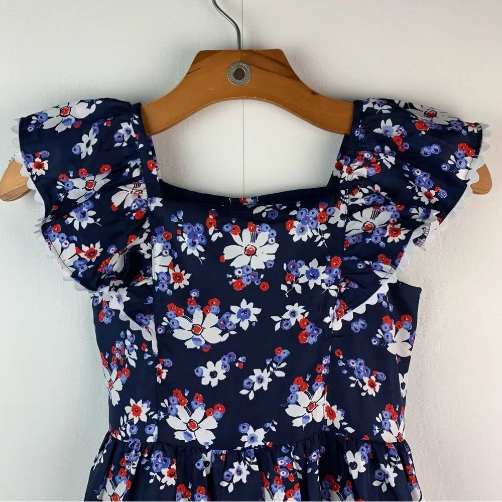 Janie and Jack Girl’s Floral Flutter Sleeve Merchant Marine Floral Dress Size 8